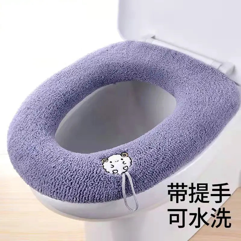 Toilet seat cover mat cushion, thick lavender purple with handle loop and oval cutout