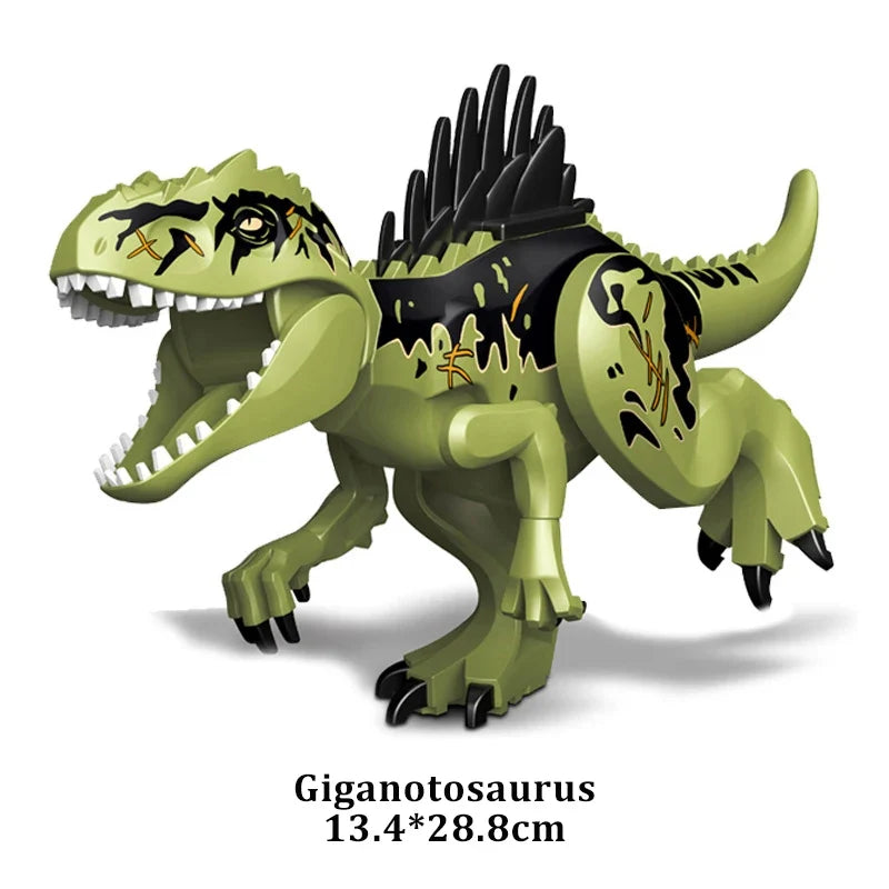 Olive green Giganotosaurus dinosaur building block figure with dark spines and open jaws
