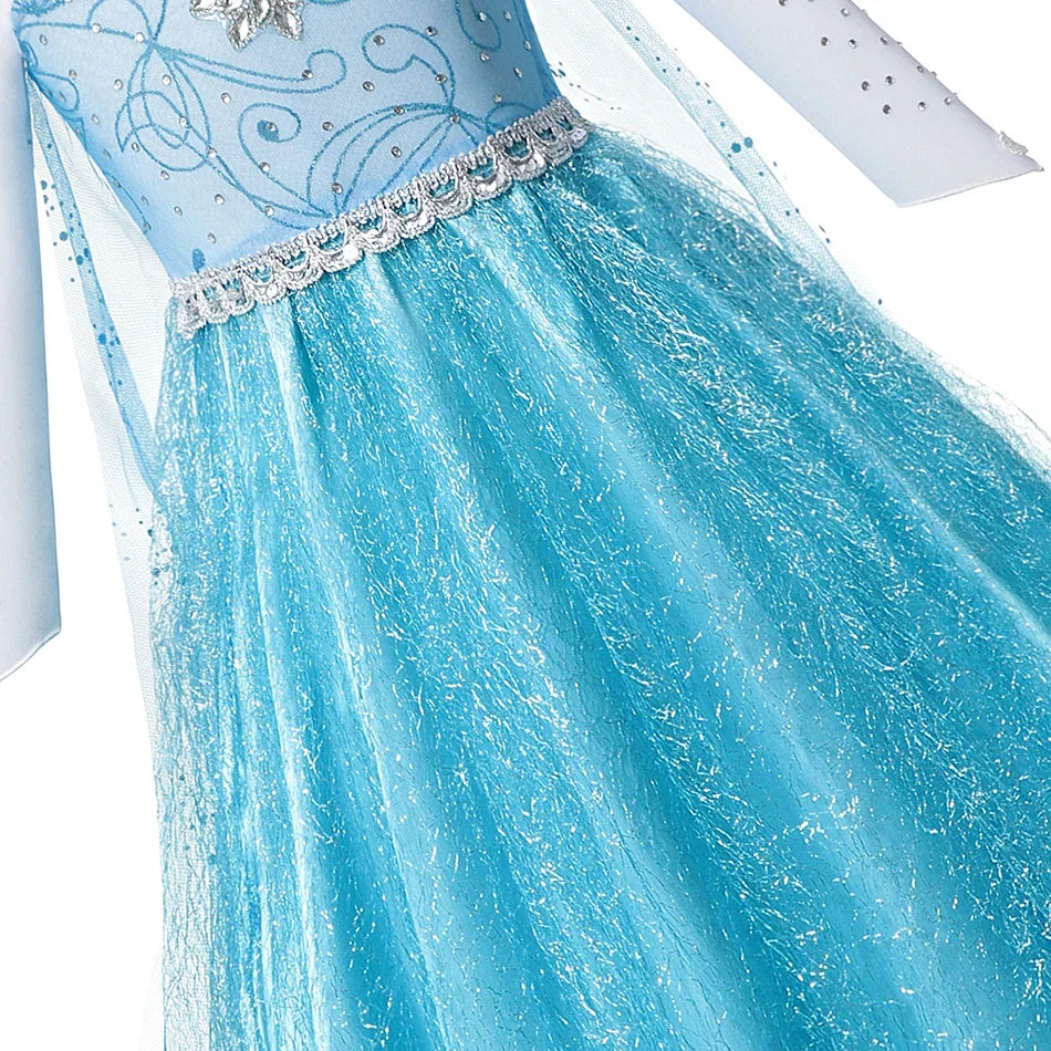 Ice Queen princess dress close-up: light-blue glitter skirt with jeweled waist trim