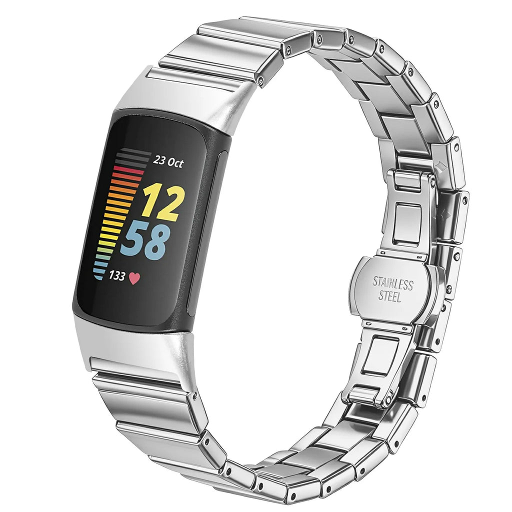 Silver slim stainless steel link band with butterfly clasp and dark watch display