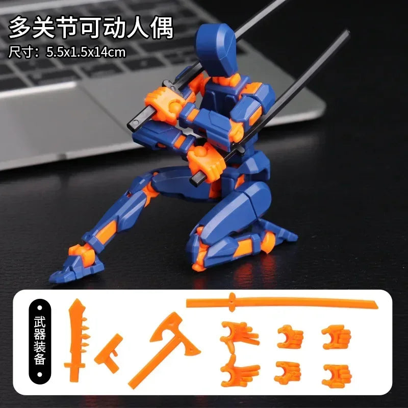 Blue and orange multi-jointed robot figure posed with a long weapon, plus accessories