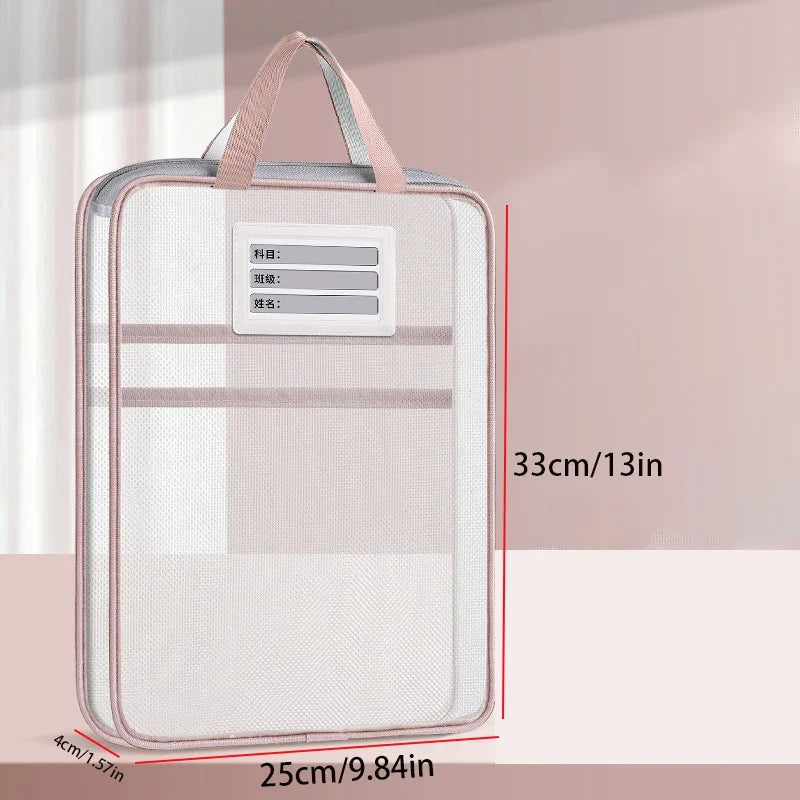Pink-trim mesh stationery storage bag with top handle and front label window