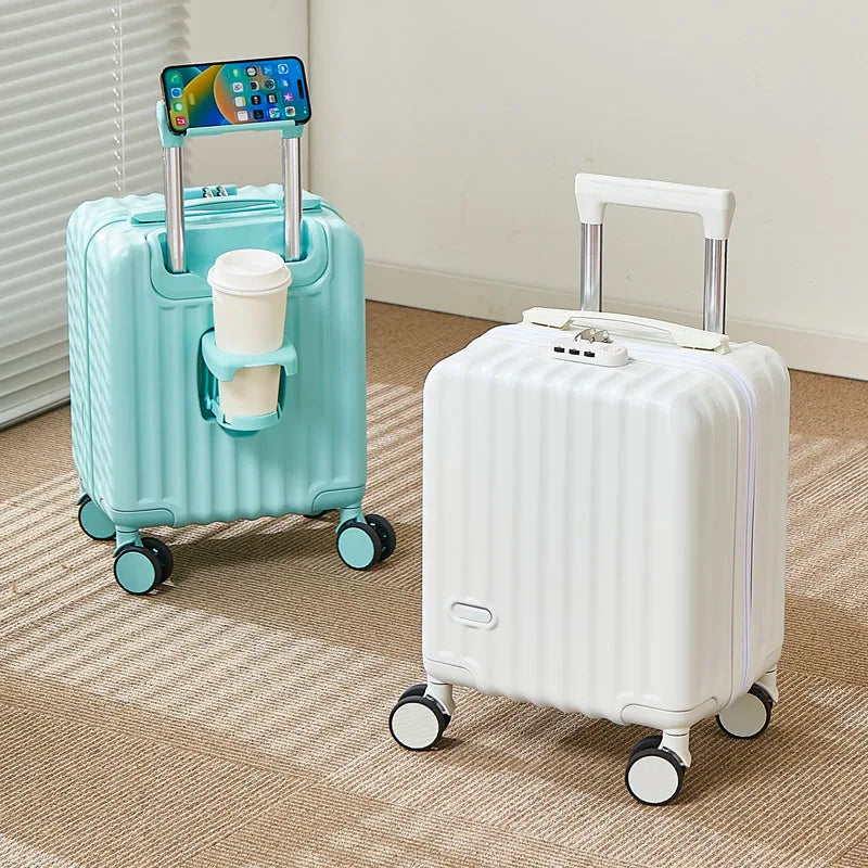 Blue and white 14-inch carry-on suitcases with phone holders, cup holders, and wheels
