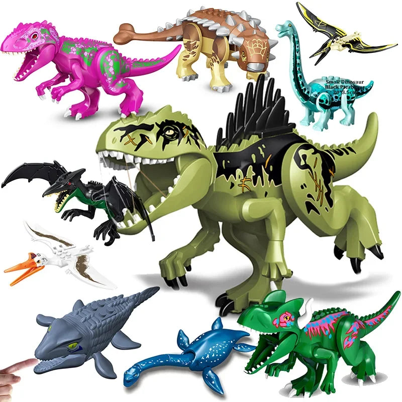 Mixed dinosaur building block figures set with green, purple, blue, black, and white