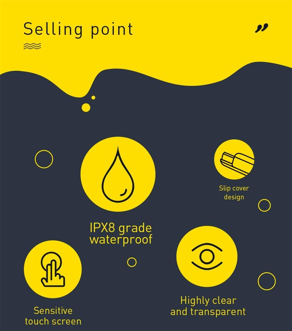 Waterproof phone pouch with IPX8 rating and sensitive touch screen icons