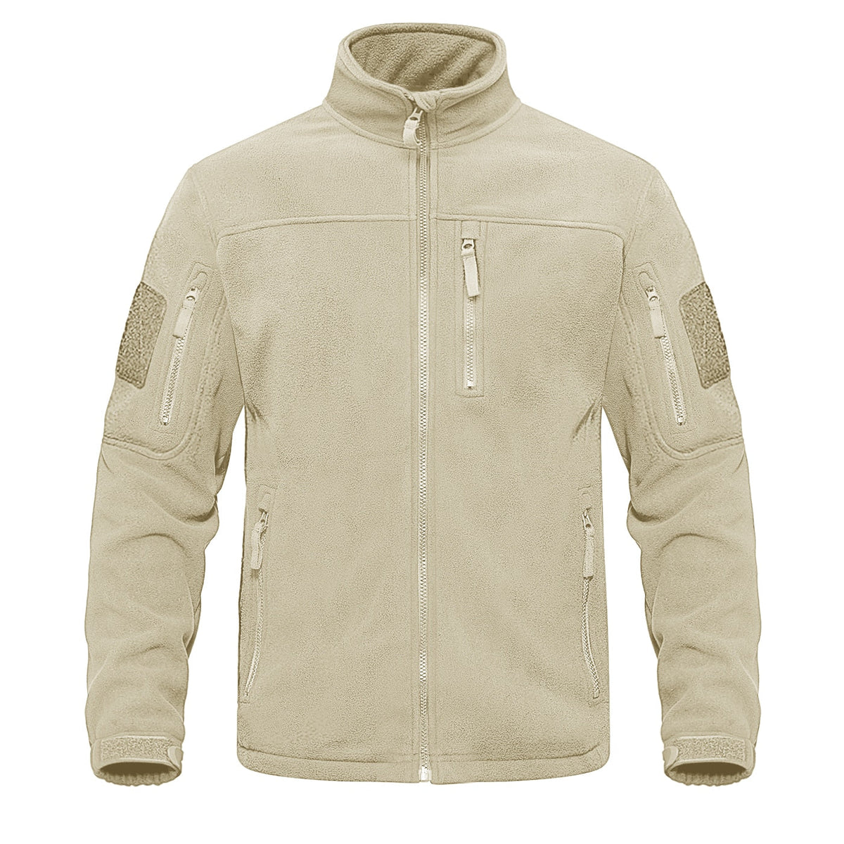 Light tan full-zip fleece jacket with stand collar and chest zipper pocket