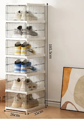 Tall clear shoe organizer cabinet with transparent shelves holding mixed sneaker styles