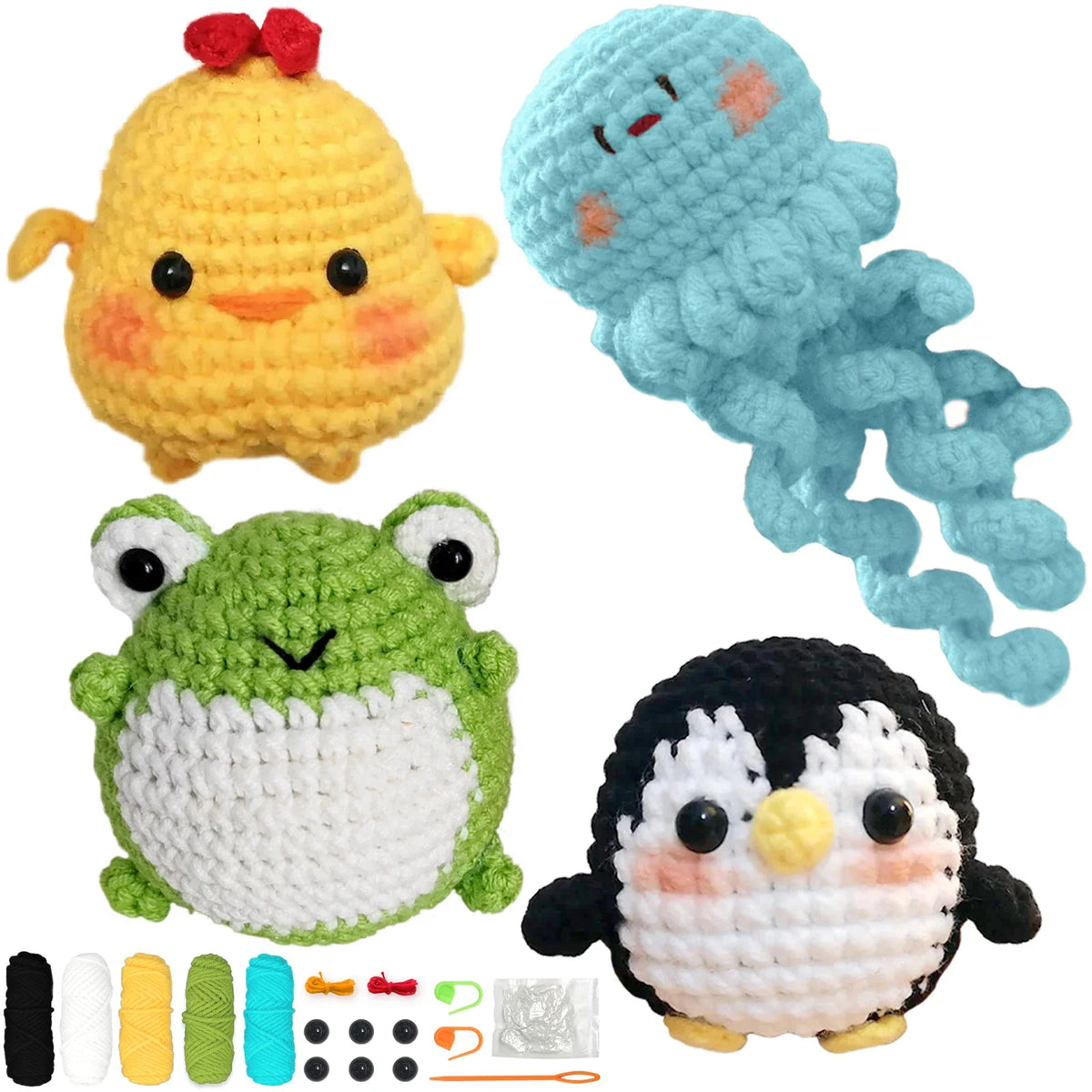 Crochet animal plush set with chick, dragon-like animal, frog, and penguin