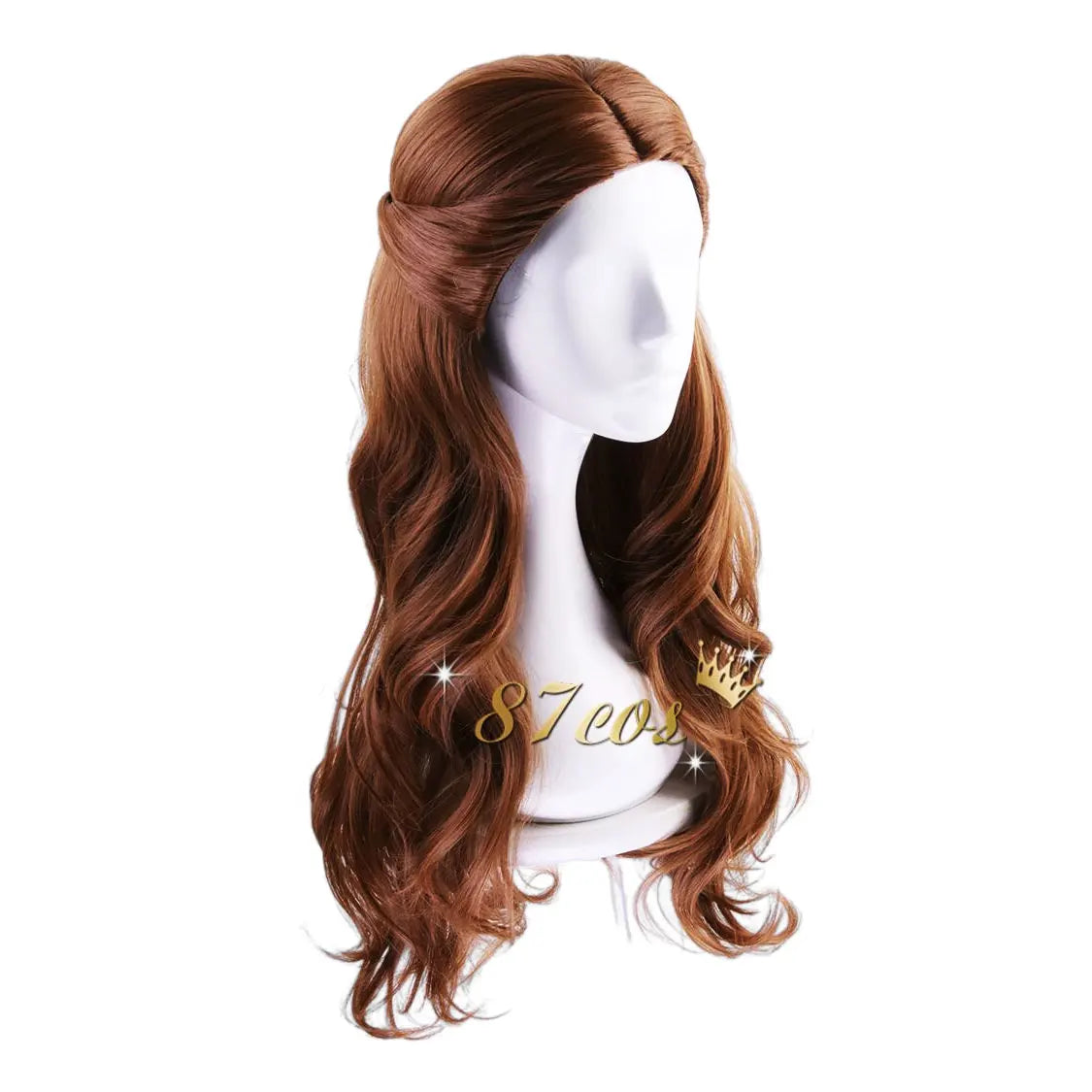 Brown long wavy cosplay wig on mannequin with white face covering