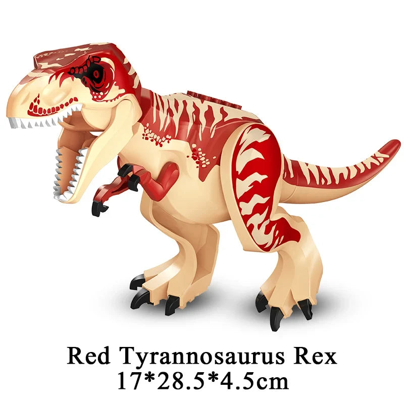 Red and cream Tyrannosaurus Rex building block figure with open mouth and stripes