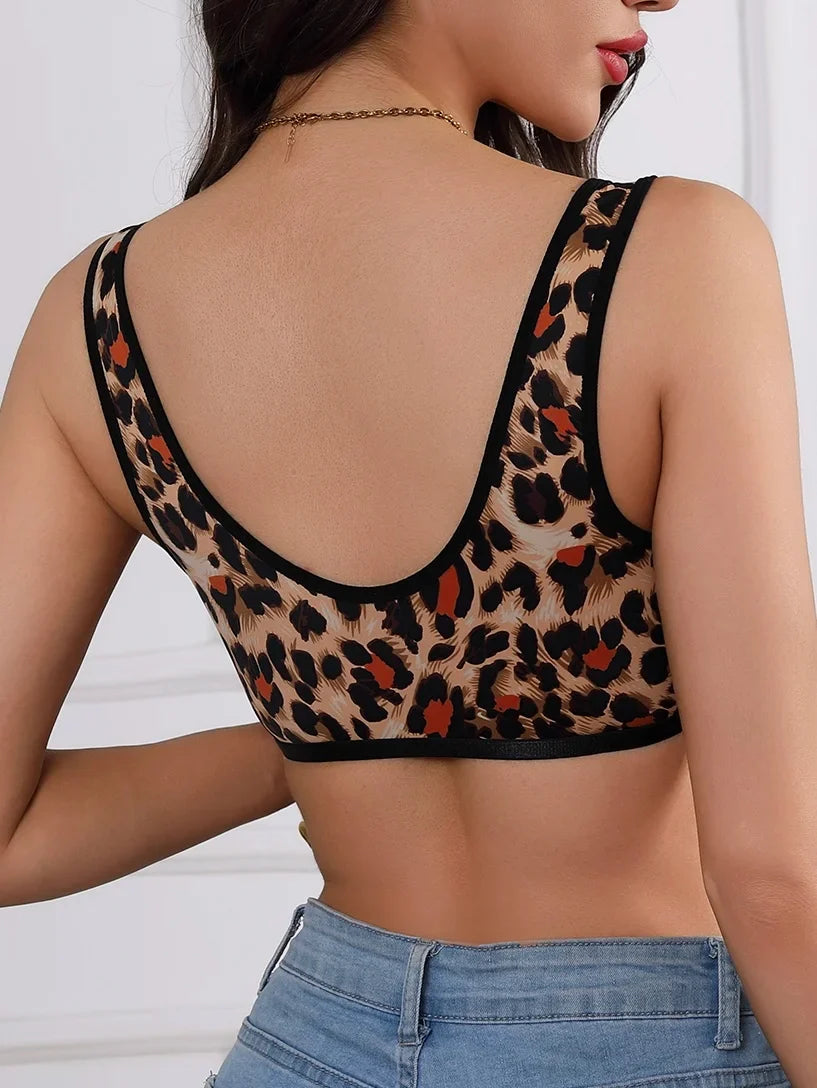 Women's wireless bra, leopard print, back view with racerback and lace trim.
