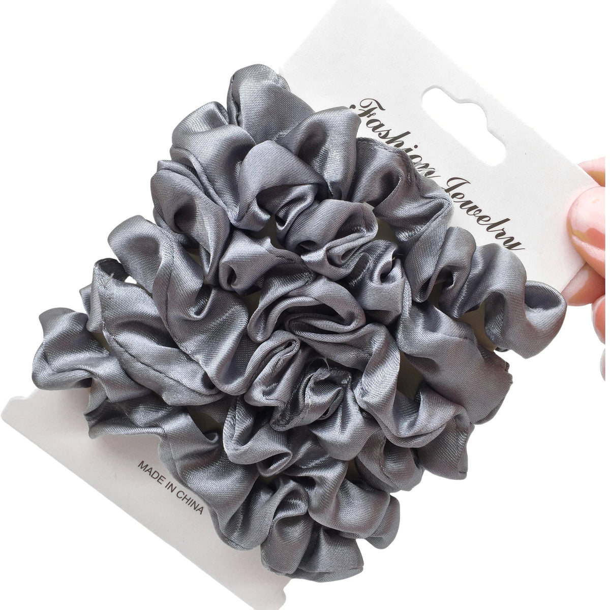 Gray silk satin scrunchie hair tie with gathered ruffled texture