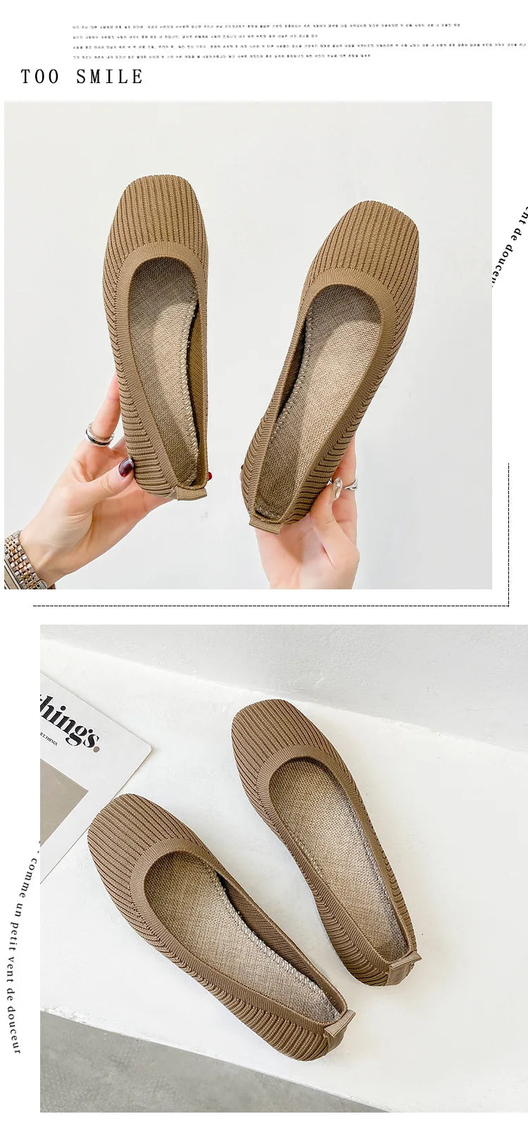 Women’s camel/brown knitted square-toe slip-on flat loafers, sole and toe views