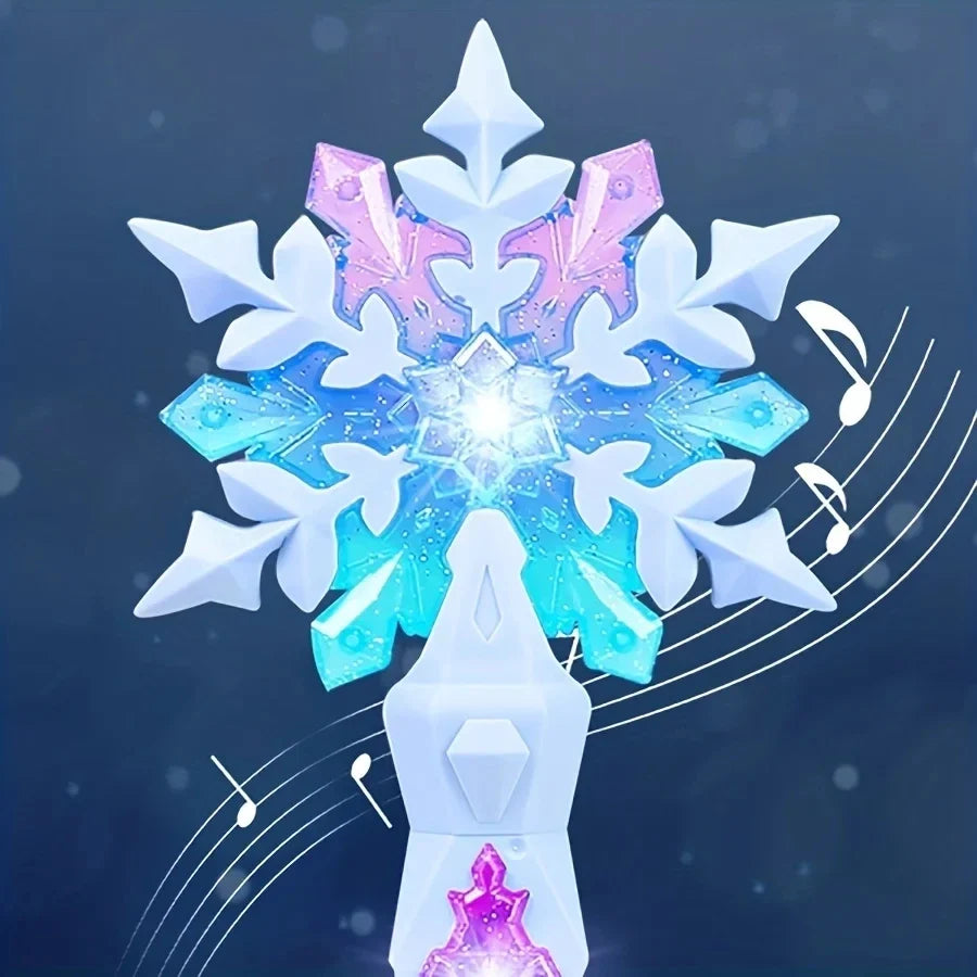 Blue and white snowflake light sound wand with glowing center flower, stacked star shapes