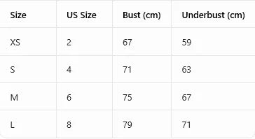 Size chart for underbust and bust: XS 67/59, S 71/63, M 75/67, L 79/71