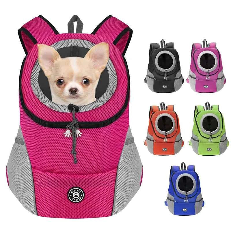 Pink breathable pet carrier backpack with circular mesh window, dog peeking out
