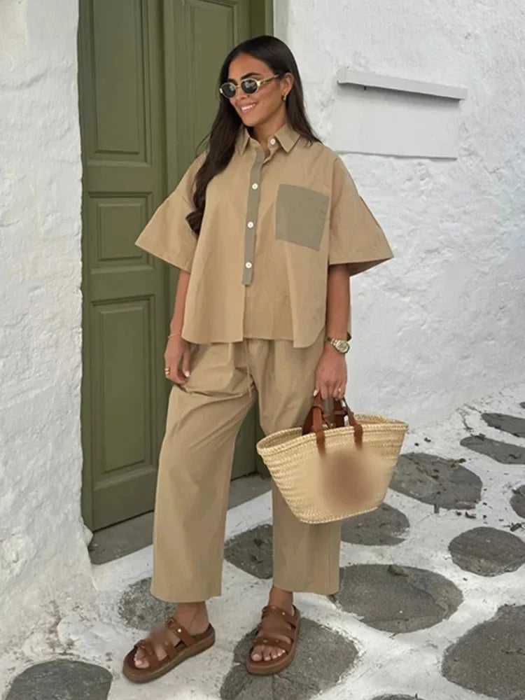 Women's lapel shirt and wide-leg pant set, beige, chest pocket