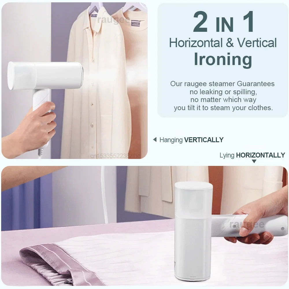 Handheld steamer ironing a hanging shirt, steaming near the collar