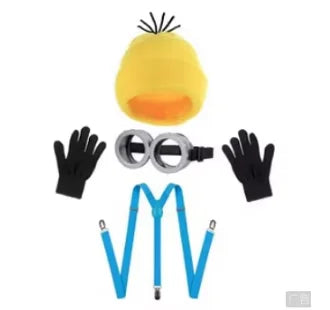 Halloween accessory set: yellow beanie, gray goggles, black gloves, blue suspenders