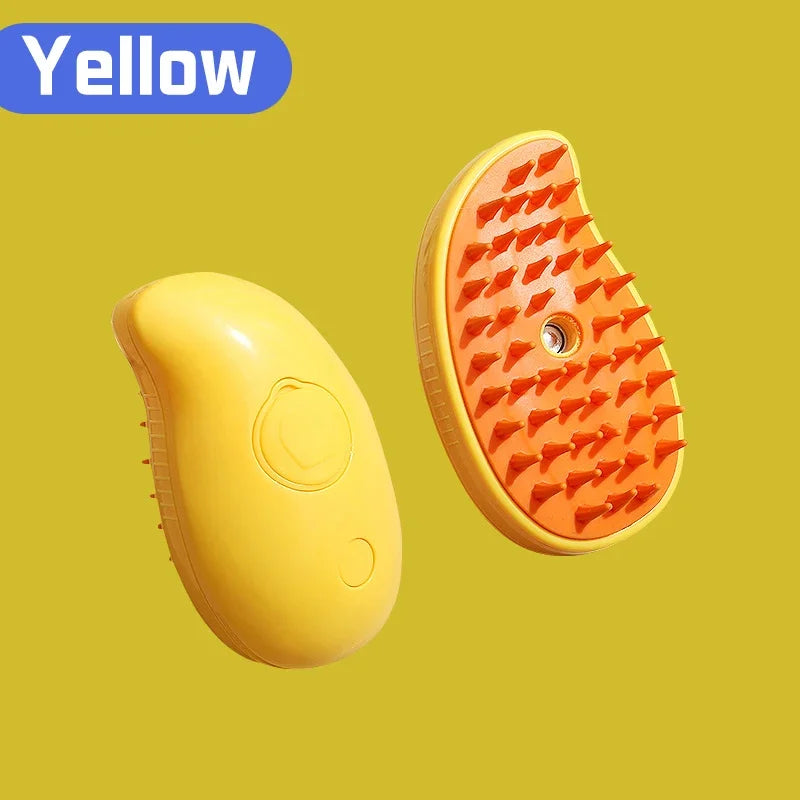 Yellow pet steam brush with orange bristle pad for grooming