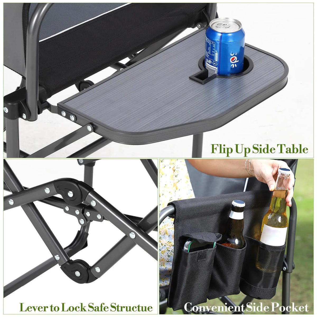 Flip-up side table on dark grey folding director chair with side pocket and locking lever