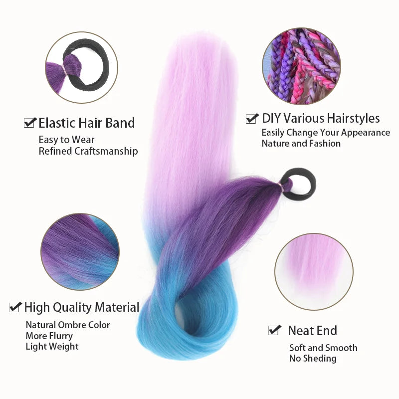 Ombre hair tie extension bundle: blue-to-purple strands with elastic loop at top