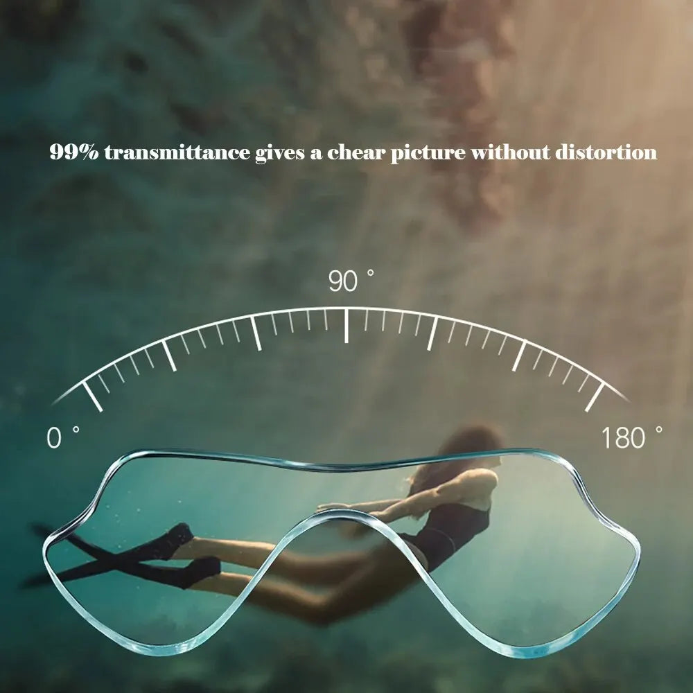 Clear panoramic snorkel mask lens with snorkel set view, transparent facepiece