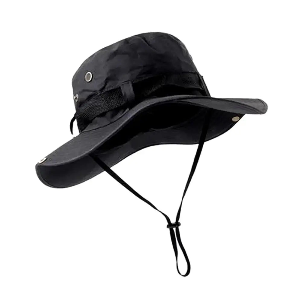 Black wide-brim bucket hat with chin cord and eyelets on white