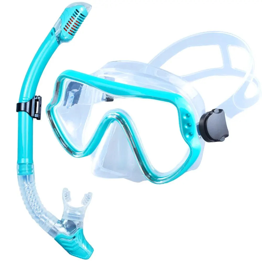 Clear and aqua adult snorkel mask set with panoramic lenses and silicone snorkel tube