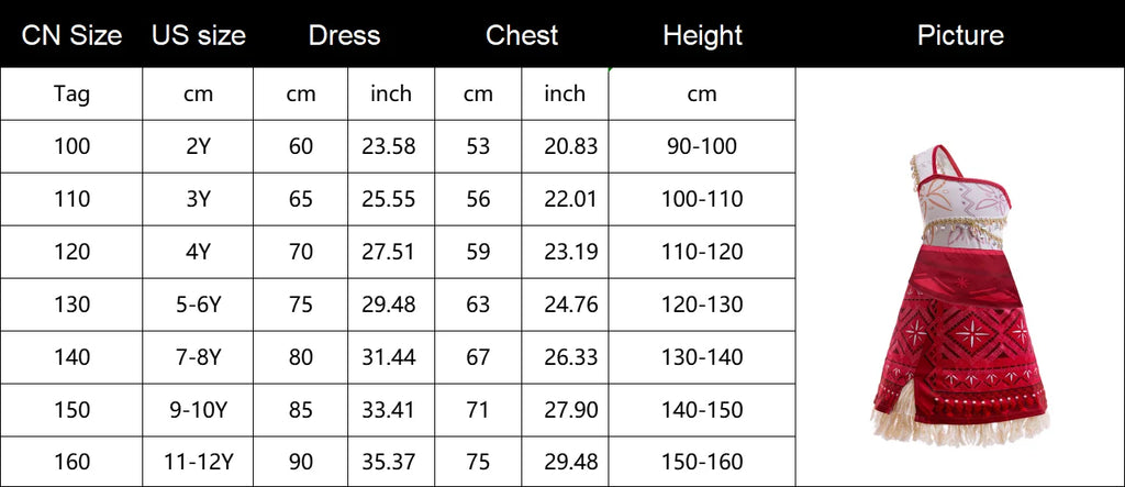 Kids costume dress size chart with CN/US sizes, dress measurements, chest, and height