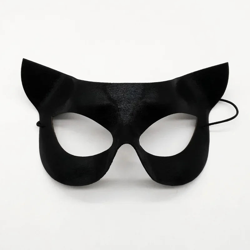 Black molded cat masquerade mask with cutout eye openings and side strap