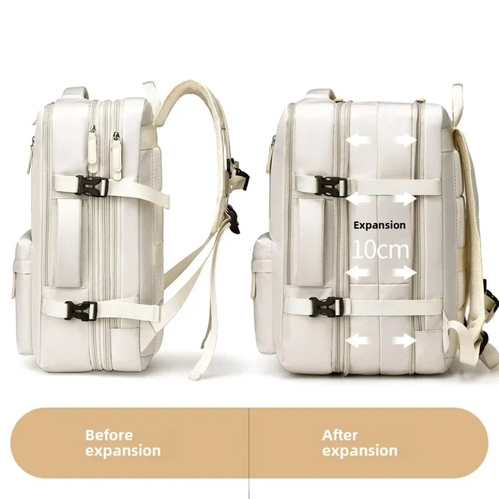 Expandable white backpack with adjustable straps shown from front and back angles