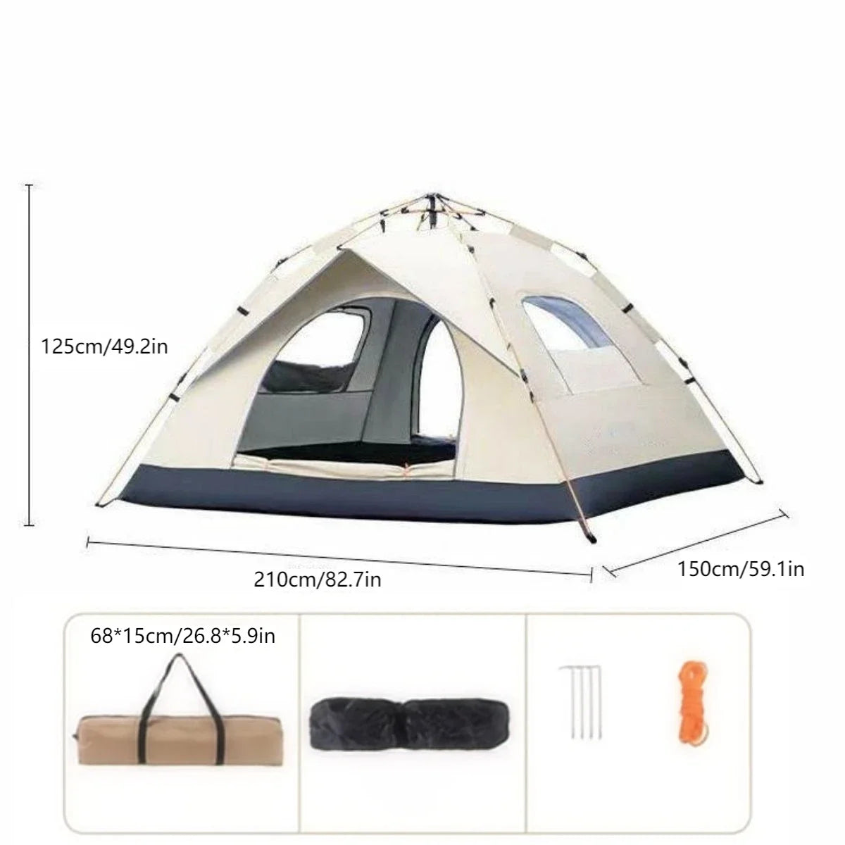 Two-door dome tent with cream fabric and dark base, shown with accessory storage kit
