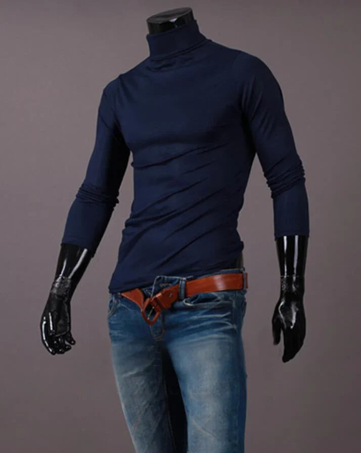 Men’s slim-fit thermal shirt with high neck and long sleeves, navy blue
