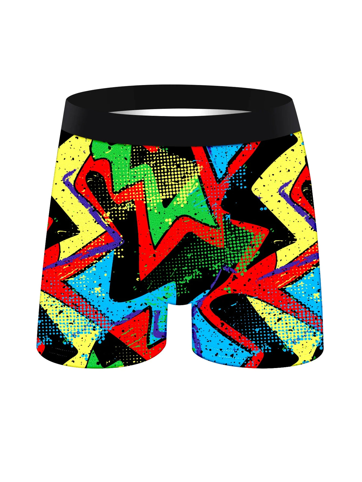 Men's boxer briefs with red, blue, and yellow street-art print, black waistband