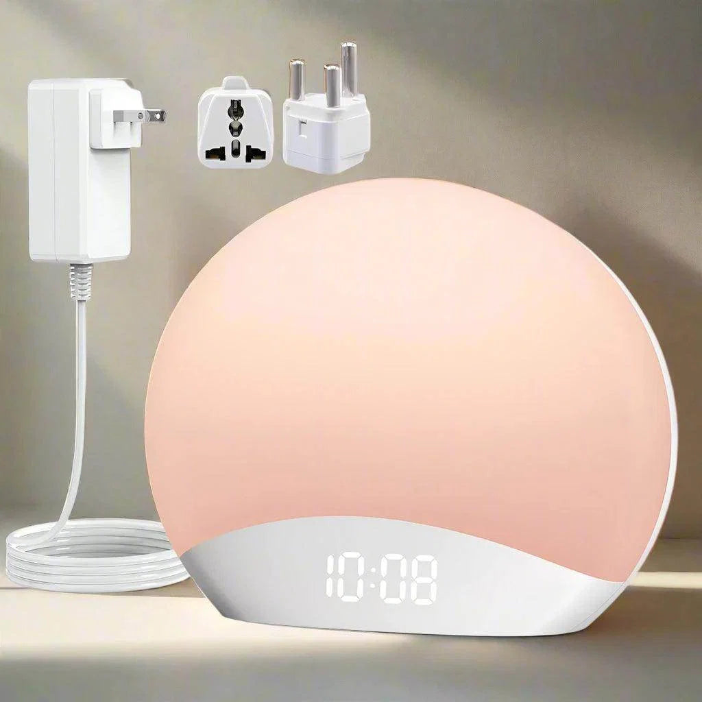 Peach sunrise alarm clock with 00:08 digital display and charging adapter