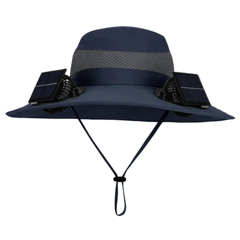 Navy blue solar fan fisherman hat with wide brim and side solar panels