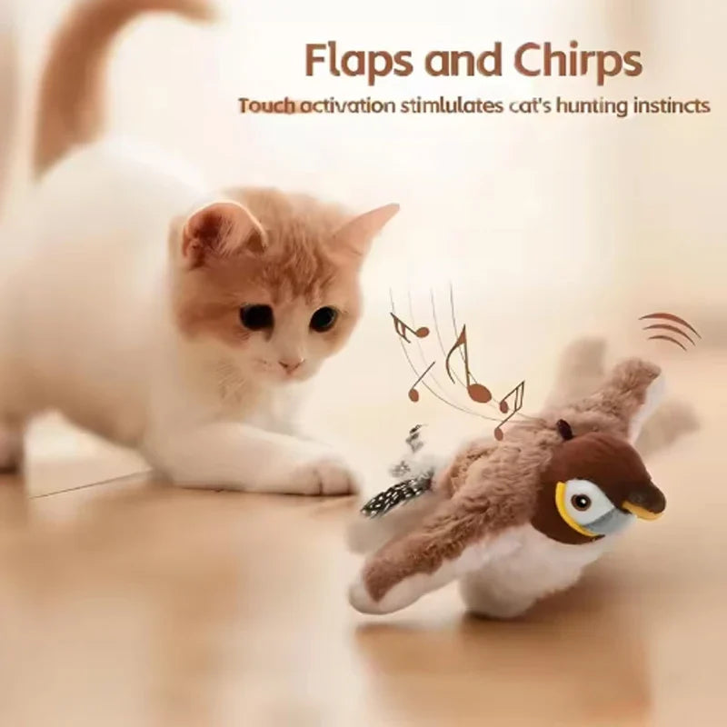 Brown plush bird cat toy flapping with chirp pose, held by a white cat