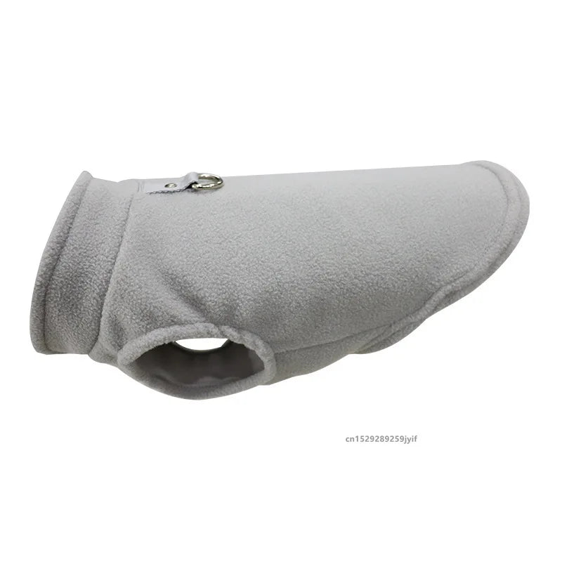 Grey fleece pet jacket vest with D-ring strap and round leg openings