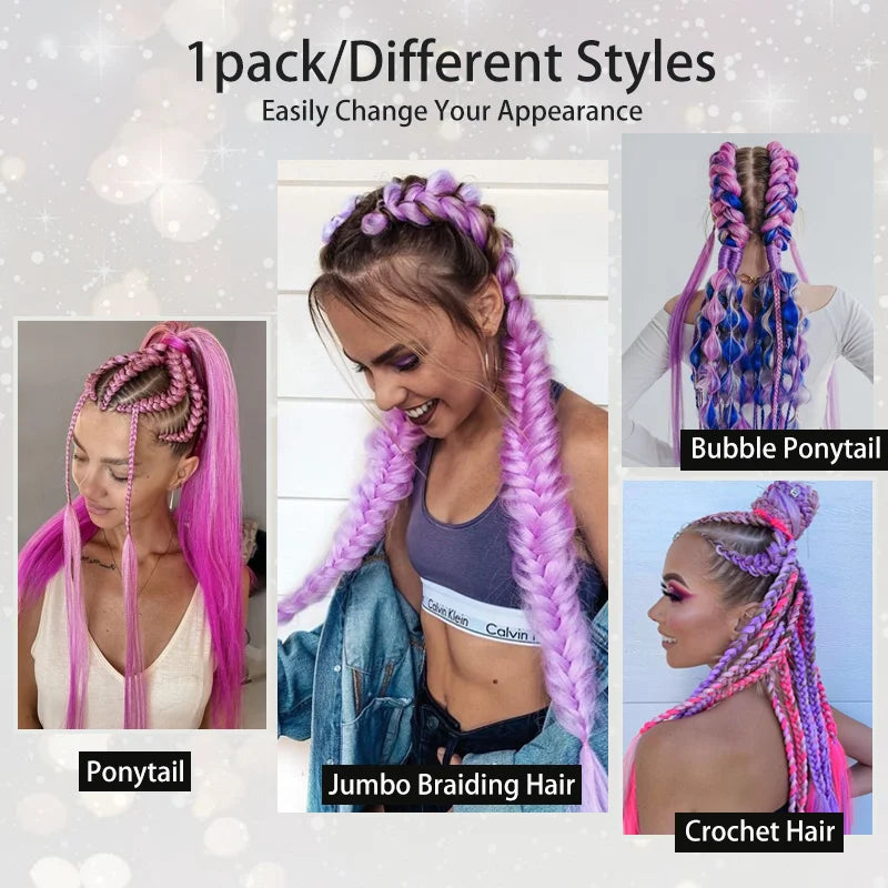 Colorful synthetic braiding hair extension set with elastic bands for different ponytail styles
