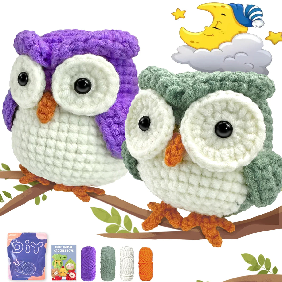 Crocheted owl plush toys in purple and green with included yarn spools and kit pack