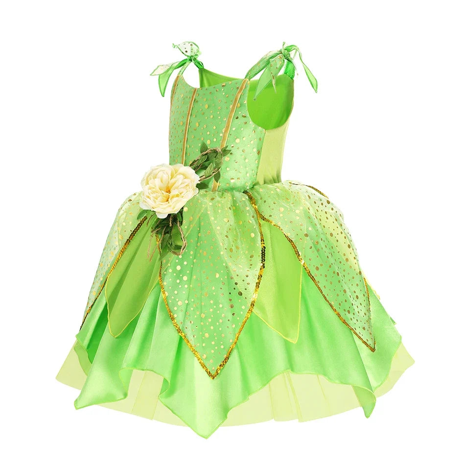 Kids green fairy princess dress with dotted bodice, ribbon ties, and layered skirt