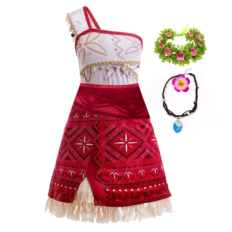 Red and white layered princess Halloween dress with patterned skirt and tulle hem