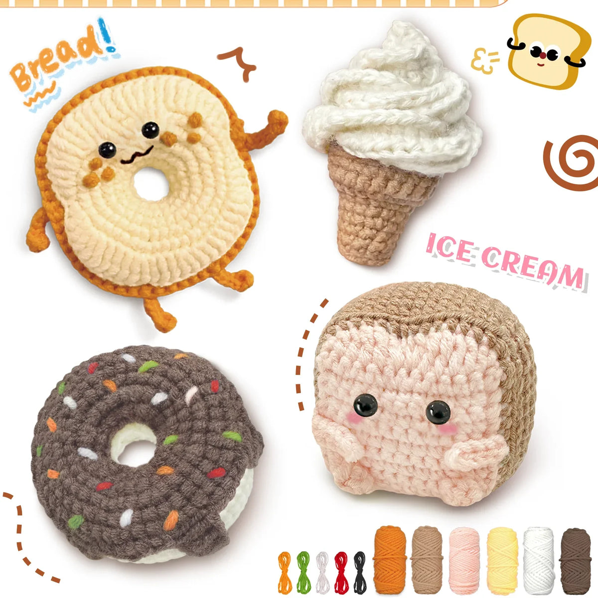 Crochet food-themed plush set with donut ring and ice cream cone toys