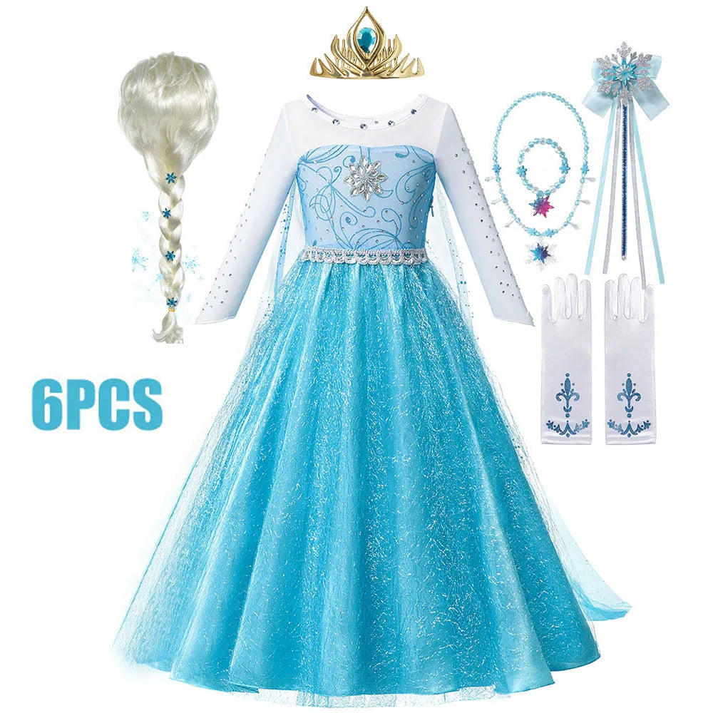 Kids blue princess-style dress with white long-sleeve mesh and glitter embroidered bodice