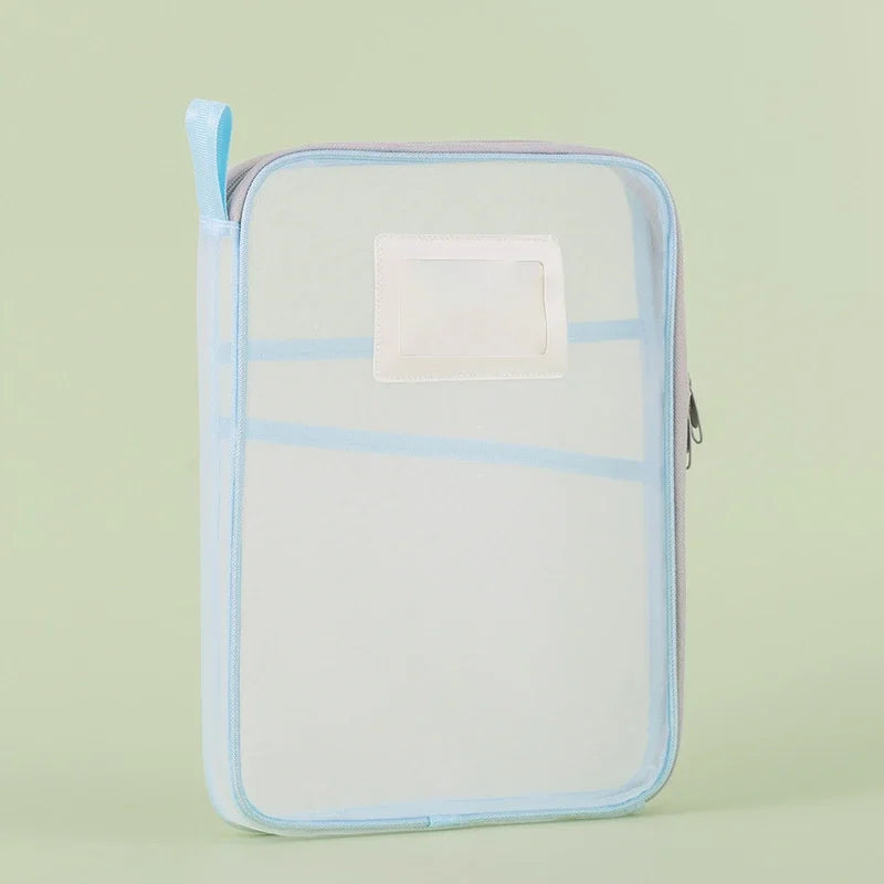 Light blue A4 double-layer mesh zipper storage bag with front ID window