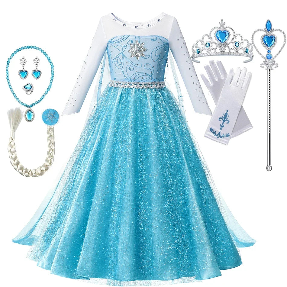 Kids sparkly light-blue princess dress with sheer sleeves and glitter skirt