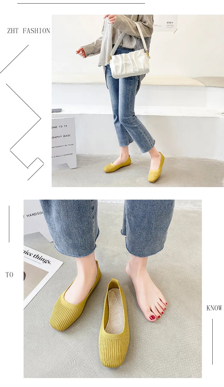 Women’s yellow knitted square-toe slip-on flat loafers, breathable daily flats