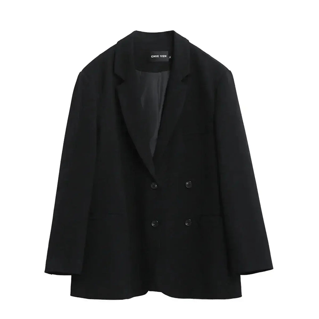 Black solid long-sleeve coat on hanger with double-breasted button front