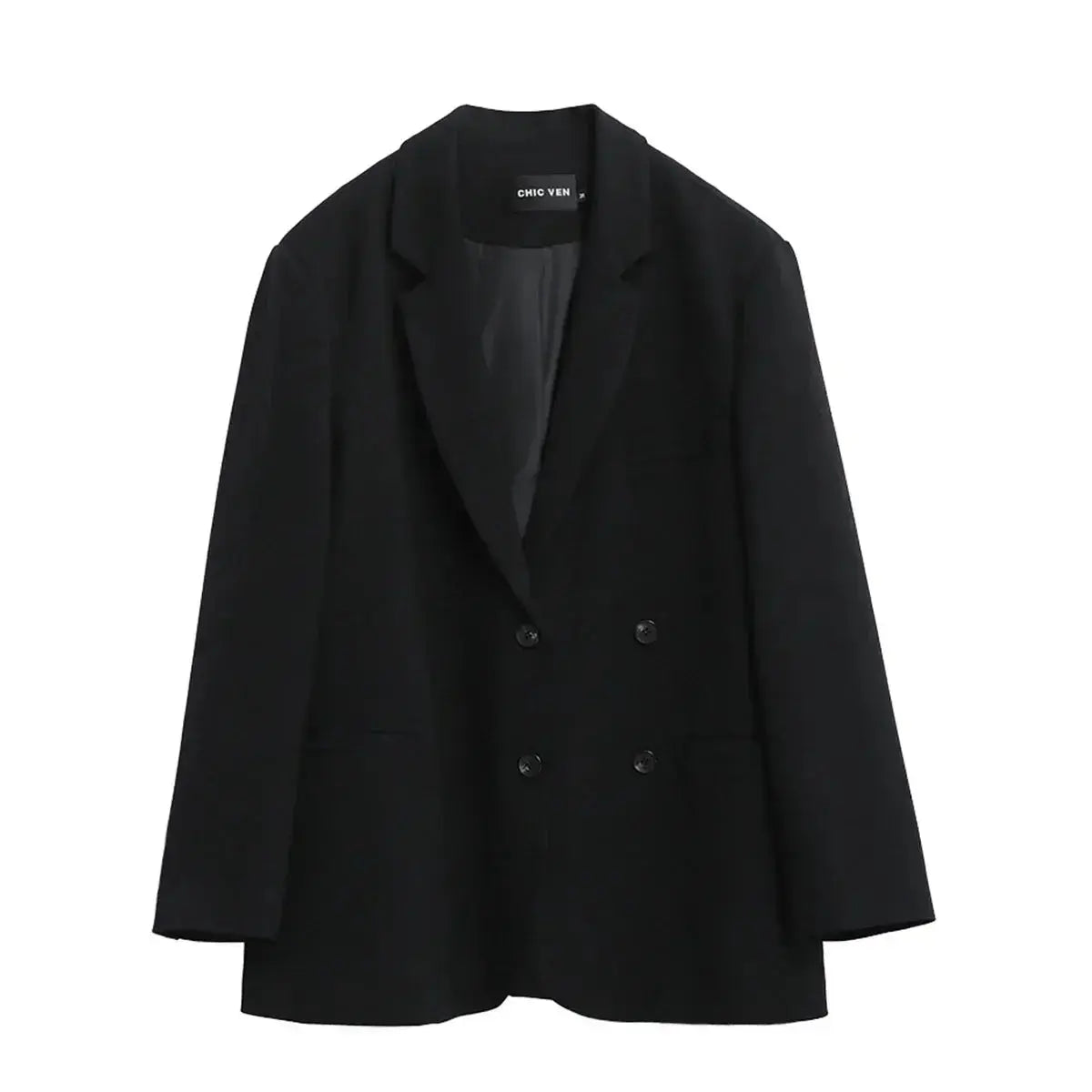Black solid long-sleeve coat on hanger with double-breasted button front